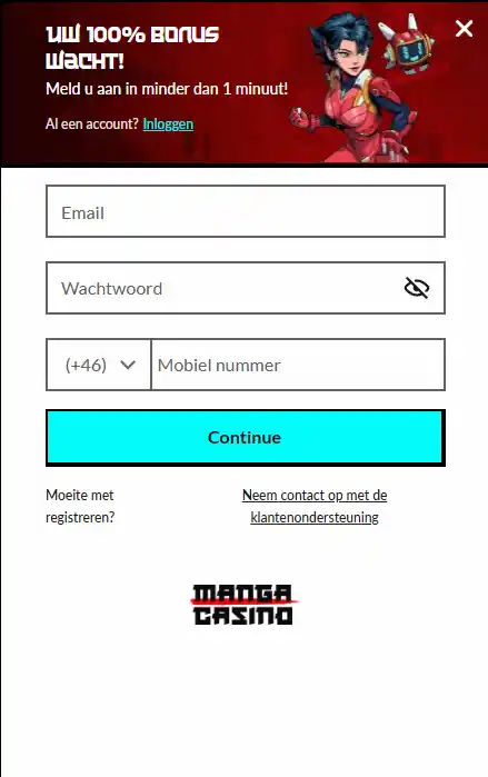 Actueel Manga Casino registratieformulier of account-startscherm