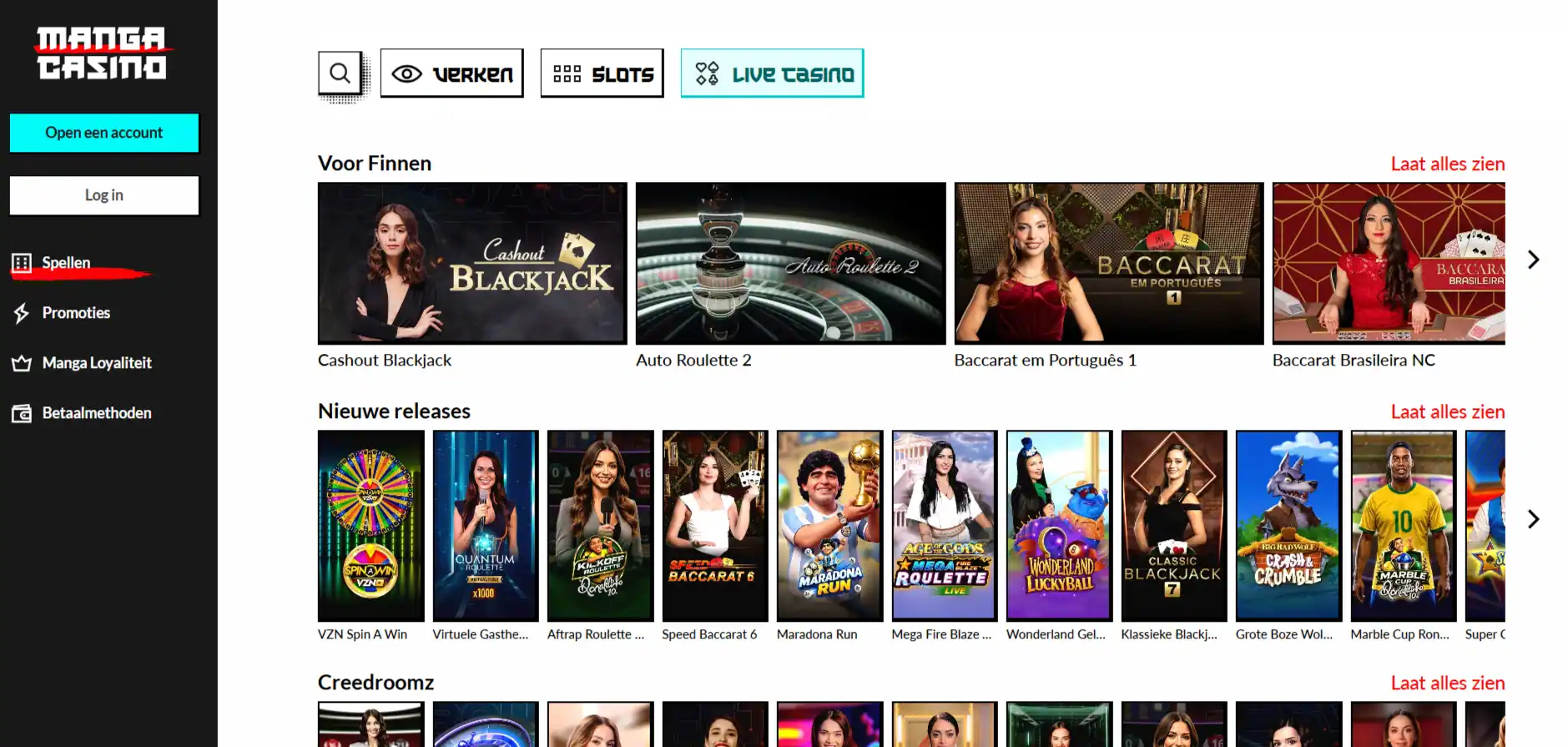 Actuele live-casino lobby van Manga Casino met zichtbare live tafels en categorieen