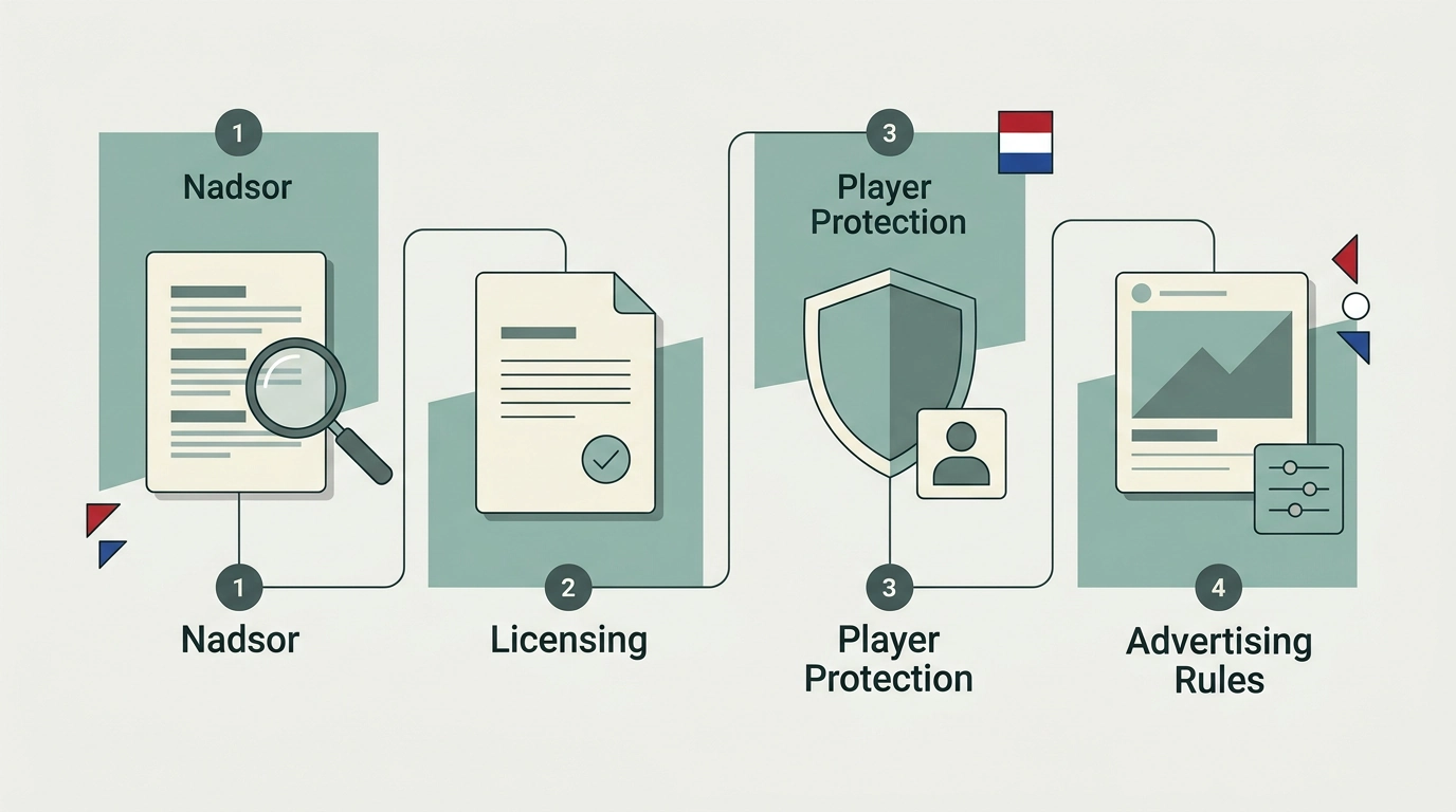 Illustratie van Nederlandse online-gokregulering met toezichthouder, vergunning, spelersbescherming en reclameregels als afzonderlijke lagen