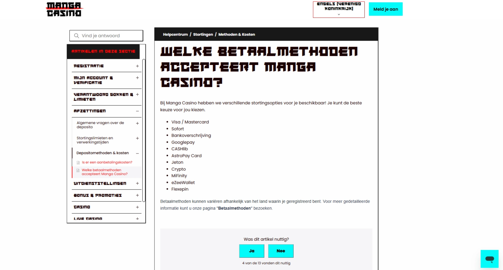 Officiele Manga Casino helpsectie met de lijst van algemene betaalmethoden