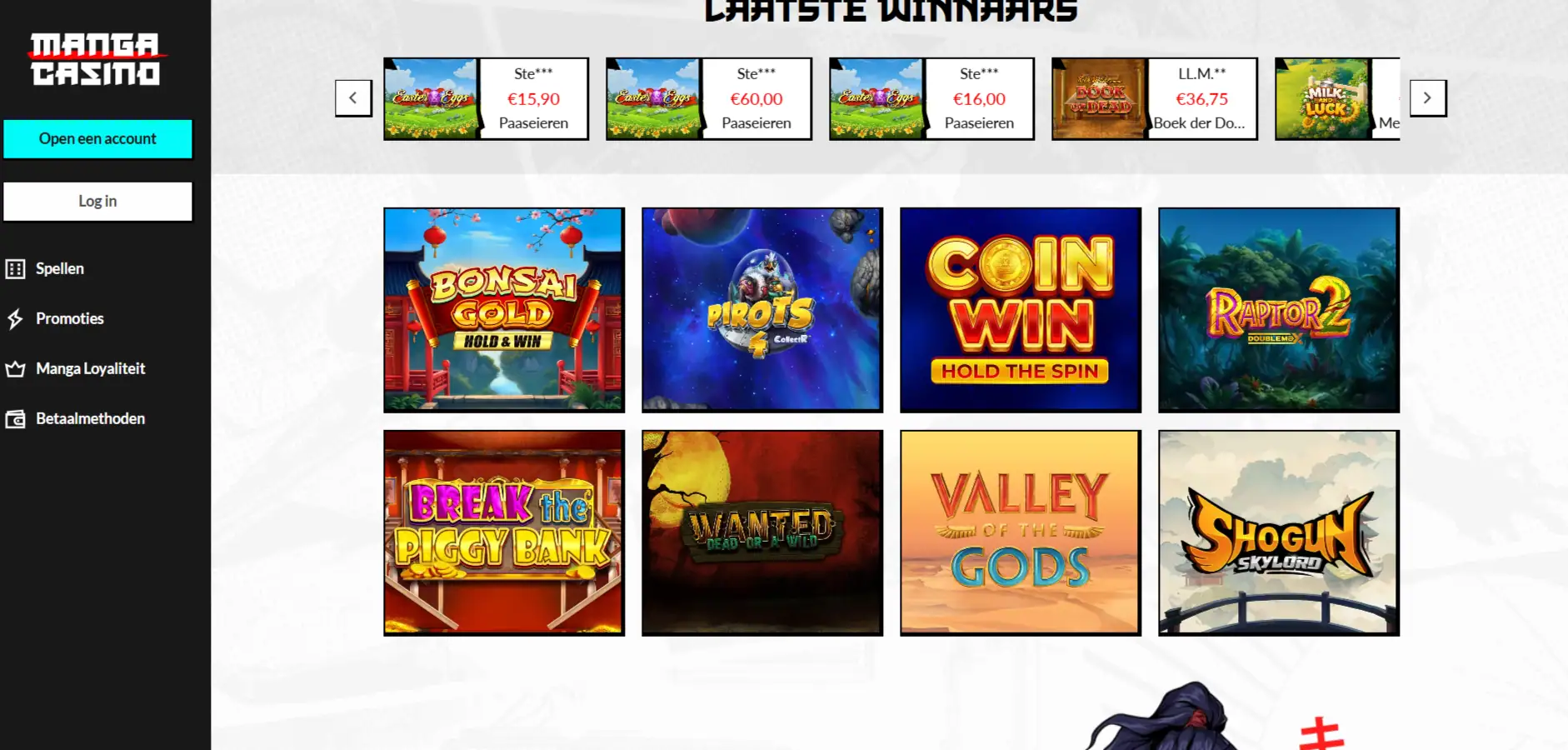 Actuele Manga Casino spellenlobby met categorieën, zoekfunctie en filters voor spelaanbieders
