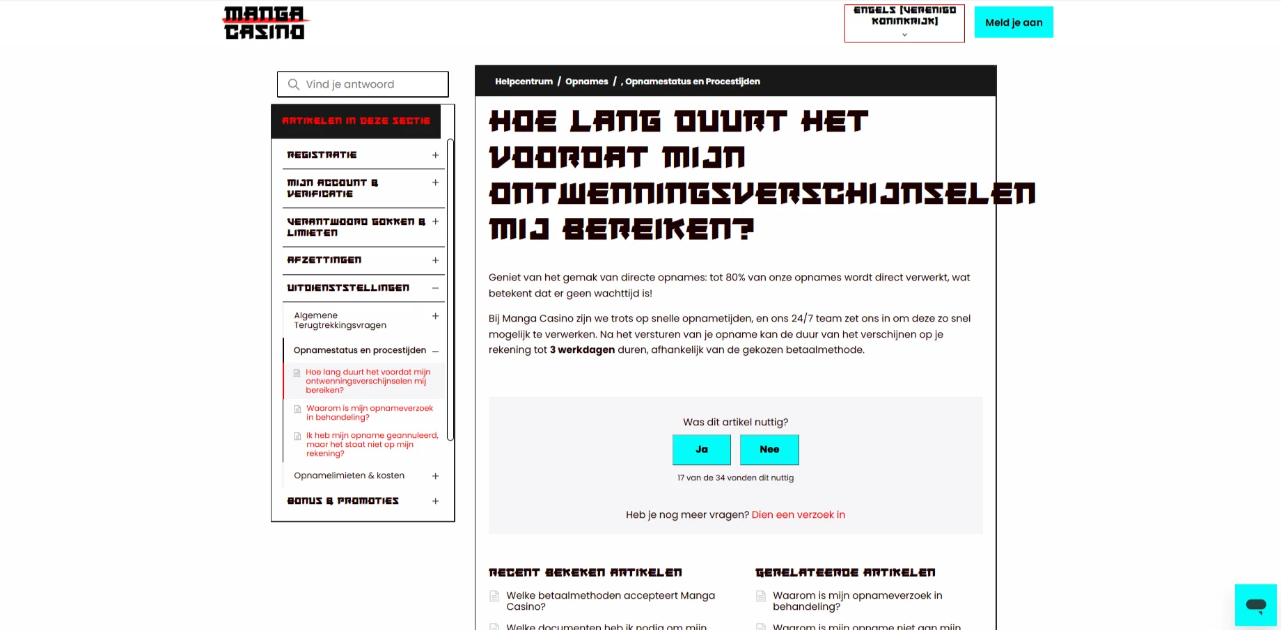 Officiele Manga Casino helpsectie over de verwerking en ontvangst van uitbetalingen